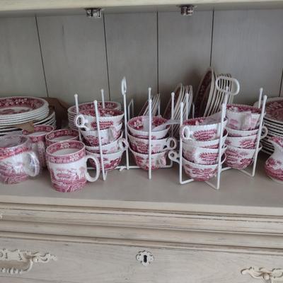 Sale Photo Thumbnail #1212: Spode England Porcelain Dinnerware- 'Pink Tower' Pattern.  Stamps are a mix of red and black.  Includes dinner plate- 12, luncheon/salad plate- 12, large soup bowl (9 1/2")- 6, smaller soup bowl (7 1/2")- 6, butter plates (5 1/2")- 6, bread plates (6 1/2"