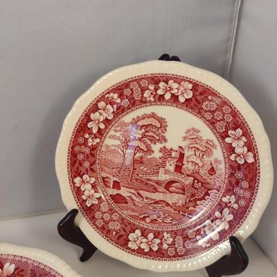 Sale Photo Thumbnail #1203: Spode England Porcelain Dinnerware- 'Pink Tower' Pattern.  Stamps are a mix of red and black.  Includes dinner plate- 12, luncheon/salad plate- 12, large soup bowl (9 1/2")- 6, smaller soup bowl (7 1/2")- 6, butter plates (5 1/2")- 6, bread plates (6 1/2"