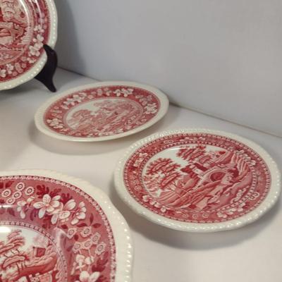 Sale Photo Thumbnail #1209: Spode England Porcelain Dinnerware- 'Pink Tower' Pattern.  Stamps are a mix of red and black.  Includes dinner plate- 12, luncheon/salad plate- 12, large soup bowl (9 1/2")- 6, smaller soup bowl (7 1/2")- 6, butter plates (5 1/2")- 6, bread plates (6 1/2"