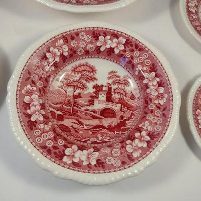 Sale Photo Thumbnail #1205: Spode England Porcelain Dinnerware- 'Pink Tower' Pattern.  Stamps are a mix of red and black.  Includes dinner plate- 12, luncheon/salad plate- 12, large soup bowl (9 1/2")- 6, smaller soup bowl (7 1/2")- 6, butter plates (5 1/2")- 6, bread plates (6 1/2"