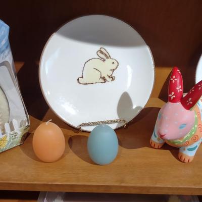 UGAR EGG DIORAMA, RABBIT COIN BANK & PLATES PLUS EGG CANDLES