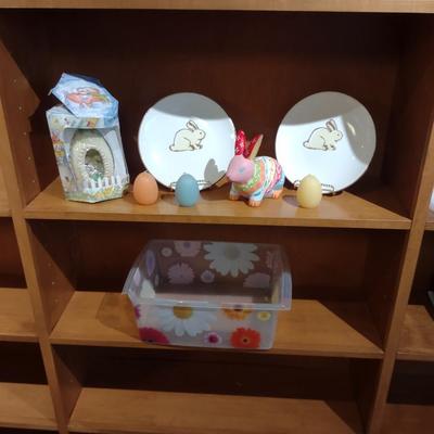 UGAR EGG DIORAMA, RABBIT COIN BANK & PLATES PLUS EGG CANDLES