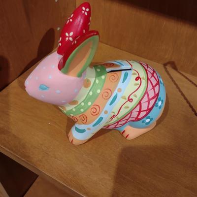UGAR EGG DIORAMA, RABBIT COIN BANK & PLATES PLUS EGG CANDLES