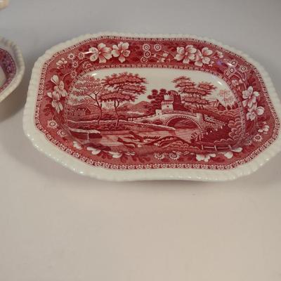 Sale Photo Thumbnail #1216: Spode England Porcelain Attached Gravy Boat and Vegetable Dish- 'Pink Tower' Pattern.  Gravy boat has crazing and discoloration- please see all pictures for condition.