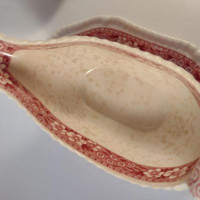 Sale Photo Thumbnail #1218: Spode England Porcelain Attached Gravy Boat and Vegetable Dish- 'Pink Tower' Pattern.  Gravy boat has crazing and discoloration- please see all pictures for condition.