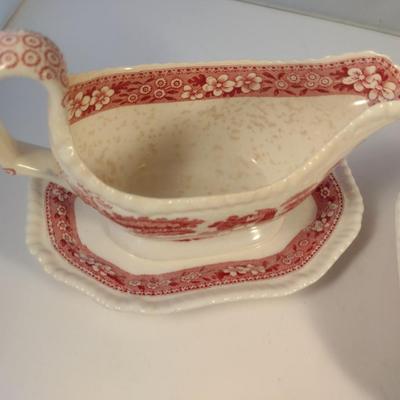 Sale Photo Thumbnail #1217: Spode England Porcelain Attached Gravy Boat and Vegetable Dish- 'Pink Tower' Pattern.  Gravy boat has crazing and discoloration- please see all pictures for condition.