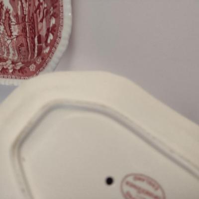 Sale Photo Thumbnail #1219: Spode England Porcelain Attached Gravy Boat and Vegetable Dish- 'Pink Tower' Pattern.  Gravy boat has crazing and discoloration- please see all pictures for condition.