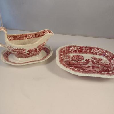 Sale Photo Thumbnail #1215: Spode England Porcelain Attached Gravy Boat and Vegetable Dish- 'Pink Tower' Pattern.  Gravy boat has crazing and discoloration- please see all pictures for condition.