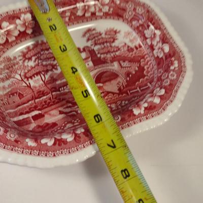 Sale Photo Thumbnail #1221: Spode England Porcelain Attached Gravy Boat and Vegetable Dish- 'Pink Tower' Pattern.  Gravy boat has crazing and discoloration- please see all pictures for condition.