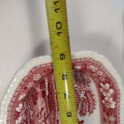 Sale Photo Thumbnail #1220: Spode England Porcelain Attached Gravy Boat and Vegetable Dish- 'Pink Tower' Pattern.  Gravy boat has crazing and discoloration- please see all pictures for condition.