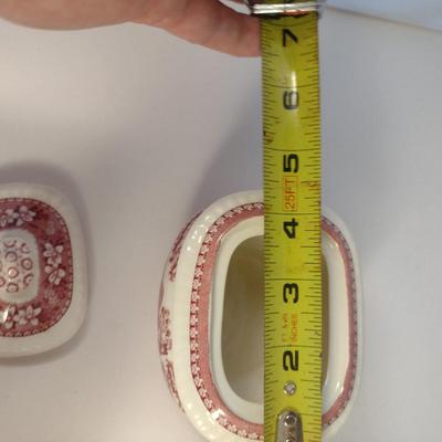 Sale Photo Thumbnail #1235: Spode England Porcelain Two Covered Sugar Bowls and Creamer- 'Pink Tower' Pattern.  One bowl has discoloration- please see all pictures.