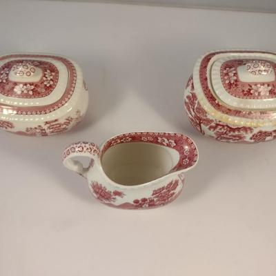 Sale Photo Thumbnail #1228: Spode England Porcelain Two Covered Sugar Bowls and Creamer- 'Pink Tower' Pattern.  One bowl has discoloration- please see all pictures.