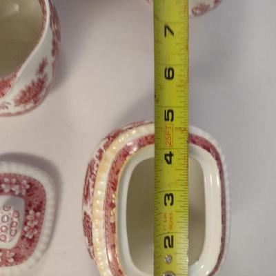 Sale Photo Thumbnail #1234: Spode England Porcelain Two Covered Sugar Bowls and Creamer- 'Pink Tower' Pattern.  One bowl has discoloration- please see all pictures.