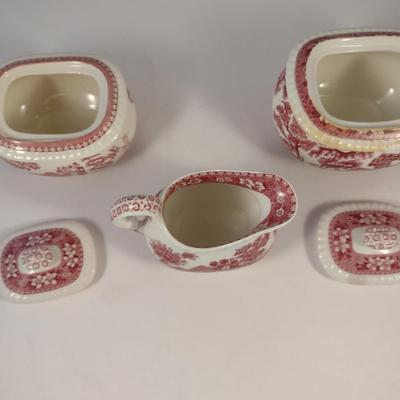 Sale Photo Thumbnail #1229: Spode England Porcelain Two Covered Sugar Bowls and Creamer- 'Pink Tower' Pattern.  One bowl has discoloration- please see all pictures.