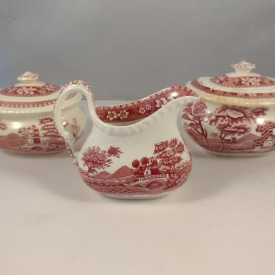 Sale Photo Thumbnail #1227: Spode England Porcelain Two Covered Sugar Bowls and Creamer- 'Pink Tower' Pattern.  One bowl has discoloration- please see all pictures.