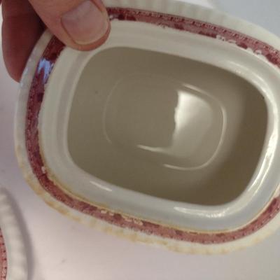 Sale Photo Thumbnail #1231: Spode England Porcelain Two Covered Sugar Bowls and Creamer- 'Pink Tower' Pattern.  One bowl has discoloration- please see all pictures.