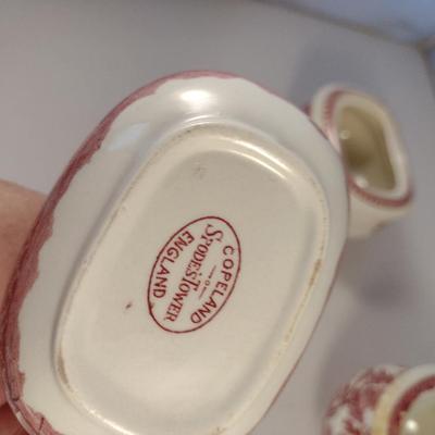Sale Photo Thumbnail #1232: Spode England Porcelain Two Covered Sugar Bowls and Creamer- 'Pink Tower' Pattern.  One bowl has discoloration- please see all pictures.
