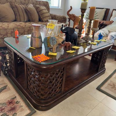 Sale Photo Thumbnail #9: Tommy bahama table for living room. In EXCELLENT condition with glass top that can be removed but it’s supposed to be on there. 3feet wide x 20 1/2 inches tall x  53 inches long