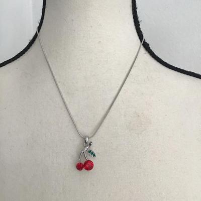 Sale Photo Thumbnail #11: Very nice dainty silver tone, cherry pendant, rhinestone necklace. Please see attached photos.