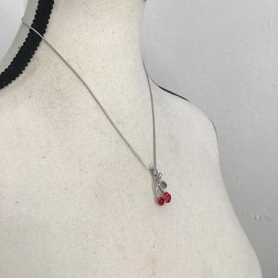 Sale Photo Thumbnail #13: Very nice dainty silver tone, cherry pendant, rhinestone necklace. Please see attached photos.