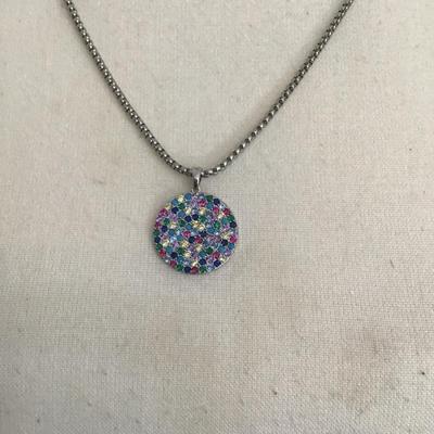 Sale Photo Thumbnail #190: Silver tone, multicolor, rhinestone pendant, necklace. Please see attached photos.