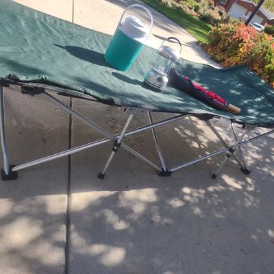CAMPING COT, BEVERAGE COOLER, LANTERN AND UMBRELLA