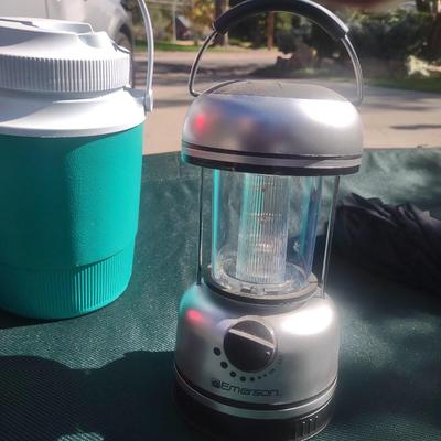 CAMPING COT, BEVERAGE COOLER, LANTERN AND UMBRELLA