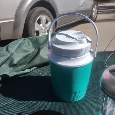 CAMPING COT, BEVERAGE COOLER, LANTERN AND UMBRELLA