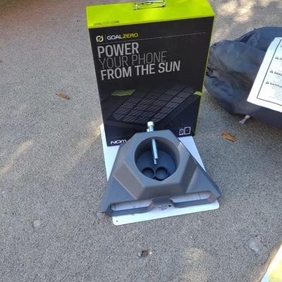 CAMPING SHOWER STALL, 58" WALKING STICK, GOAL ZERO SOLAR, VINYL PONCHO AND UMBRELLA POWER