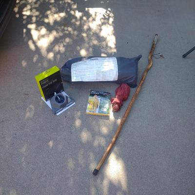 CAMPING SHOWER STALL, 58" WALKING STICK, GOAL ZERO SOLAR, VINYL PONCHO AND UMBRELLA POWER