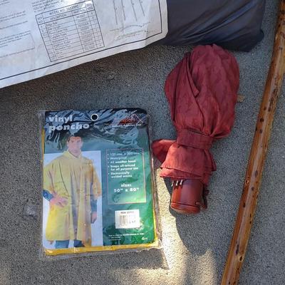 CAMPING SHOWER STALL, 58" WALKING STICK, GOAL ZERO SOLAR, VINYL PONCHO AND UMBRELLA POWER
