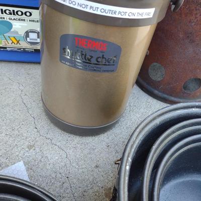 CAMP FIRE COOKING ITEMS, COOLER AND THERMOS