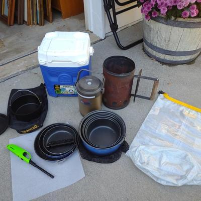 CAMP FIRE COOKING ITEMS, COOLER AND THERMOS