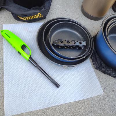 CAMP FIRE COOKING ITEMS, COOLER AND THERMOS