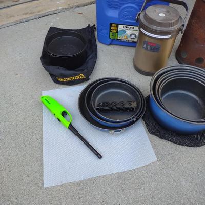 CAMP FIRE COOKING ITEMS, COOLER AND THERMOS