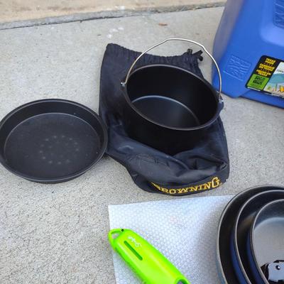 CAMP FIRE COOKING ITEMS, COOLER AND THERMOS