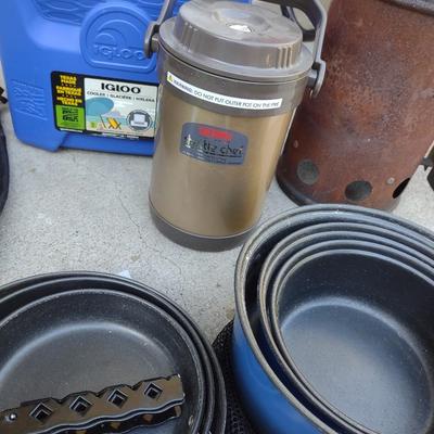 CAMP FIRE COOKING ITEMS, COOLER AND THERMOS