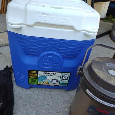 CAMP FIRE COOKING ITEMS, COOLER AND THERMOS