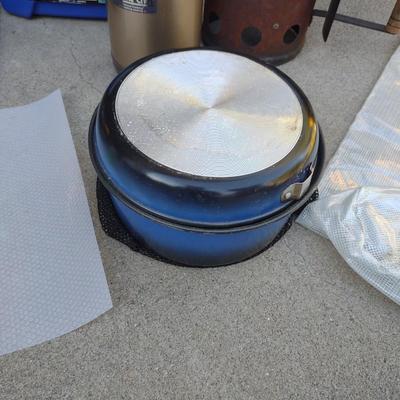 CAMP FIRE COOKING ITEMS, COOLER AND THERMOS