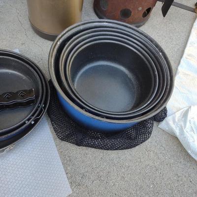 CAMP FIRE COOKING ITEMS, COOLER AND THERMOS
