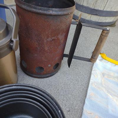 CAMP FIRE COOKING ITEMS, COOLER AND THERMOS