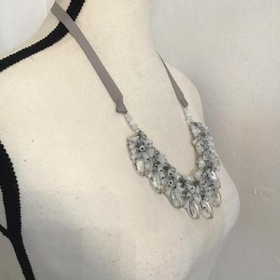 Sale Photo Thumbnail #75: Bib style ribbon, tie necklace with Crystal and milk glass bead clusters. Please see attached photos.