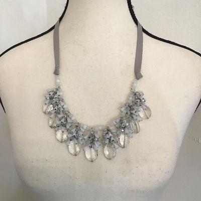Sale Photo Thumbnail #74: Bib style ribbon, tie necklace with Crystal and milk glass bead clusters. Please see attached photos.