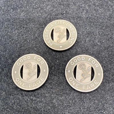 Sale Photo Thumbnail #454: Lot of 3 tokens. Slightly larger than a US penny. Rare, in very good condition. The Pasadena Transit Lines was created in 1941 to switch use of the previous Pacific Electric streetcar lines to busses.  PTL busses became either LA RTD or Pasadena Transit i