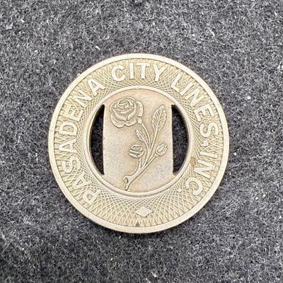 Sale Photo Thumbnail #456: Lot of 3 tokens. Slightly larger than a US penny. Rare, in very good condition. The Pasadena Transit Lines was created in 1941 to switch use of the previous Pacific Electric streetcar lines to busses.  PTL busses became either LA RTD or Pasadena Transit i