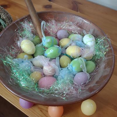 EASTER EGGS IN A LARGE CLAY BOWL