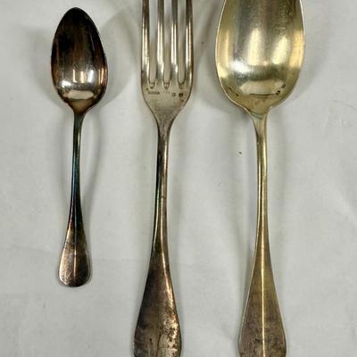 Sale Photo Thumbnail #119: Set includes 12 teaspoons, 12 forks and 11 soup spoons.  Teasons have the “18” mark , means that 12 items were plated with 18g of silver. Forks and soup spoons are marked “84”, means 12 items were plated using 84g of silver.  In original lidded bo