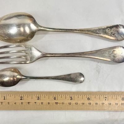 Sale Photo Thumbnail #128: Set includes 12 teaspoons, 12 forks and 11 soup spoons.  Teasons have the “18” mark , means that 12 items were plated with 18g of silver. Forks and soup spoons are marked “84”, means 12 items were plated using 84g of silver.  In original lidded bo