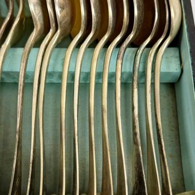 Sale Photo Thumbnail #118: Set includes 12 teaspoons, 12 forks and 11 soup spoons.  Teasons have the “18” mark , means that 12 items were plated with 18g of silver. Forks and soup spoons are marked “84”, means 12 items were plated using 84g of silver.  In original lidded bo