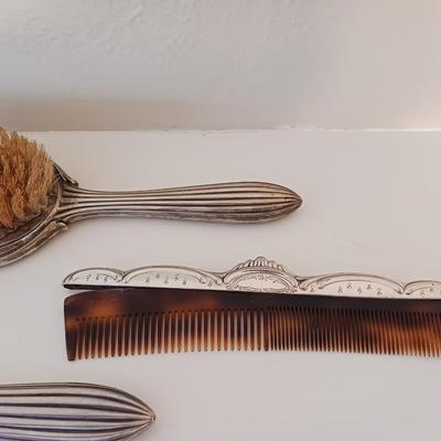 STERLING SILVER BRUSH, COMB AND MIRROR VANITY SET